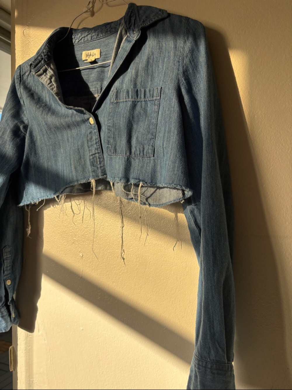 Style & Co. Cropped Frayed Denim Button-Front Shirt in Blue